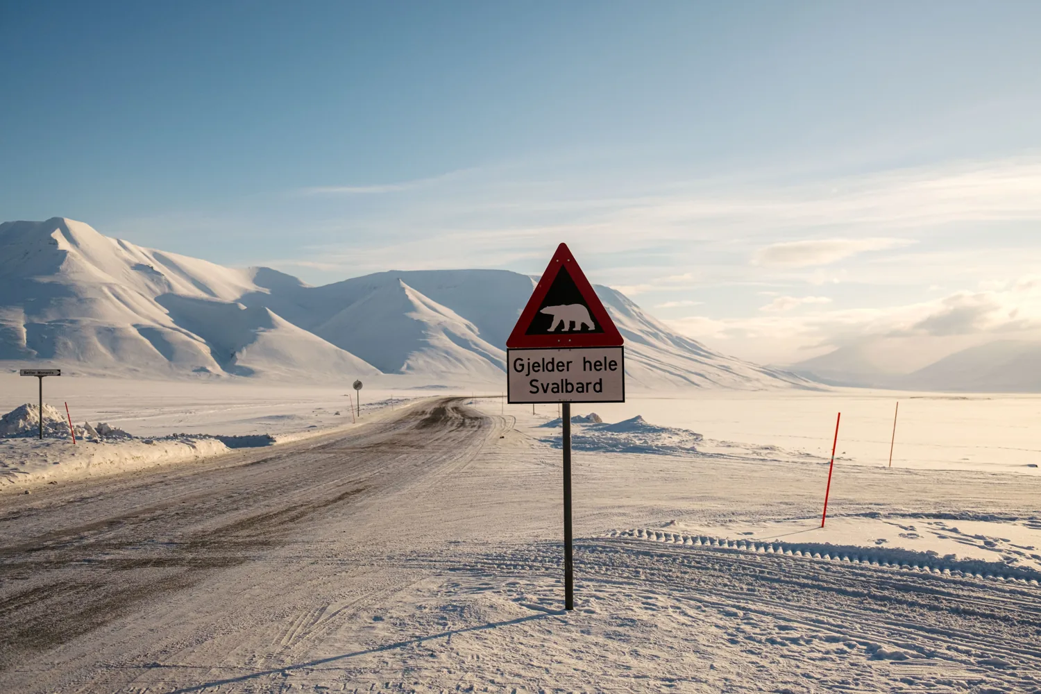 A polar-bear warning sign beside a snowy road, mountains stretching behind.